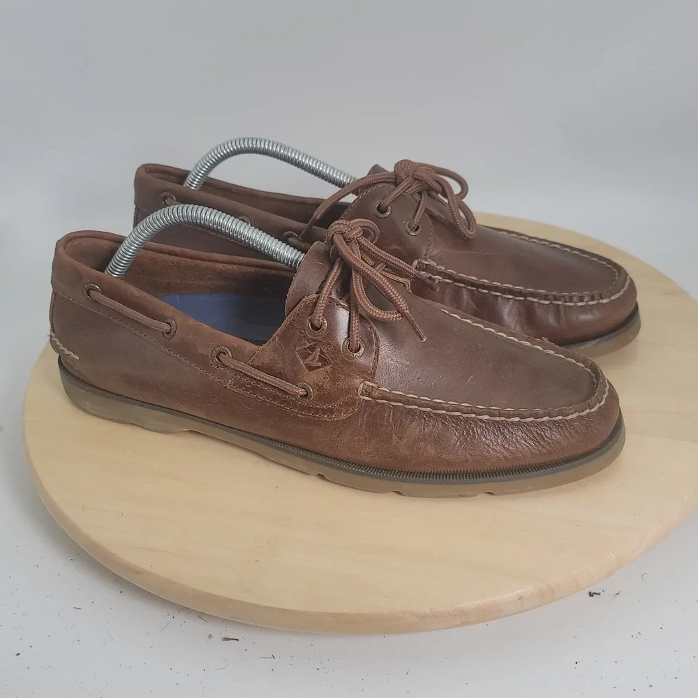 Sperry Top-Sider Leeward 2-Eye Leather Boat Brown Shoes STS18231 Men's Size 9.5